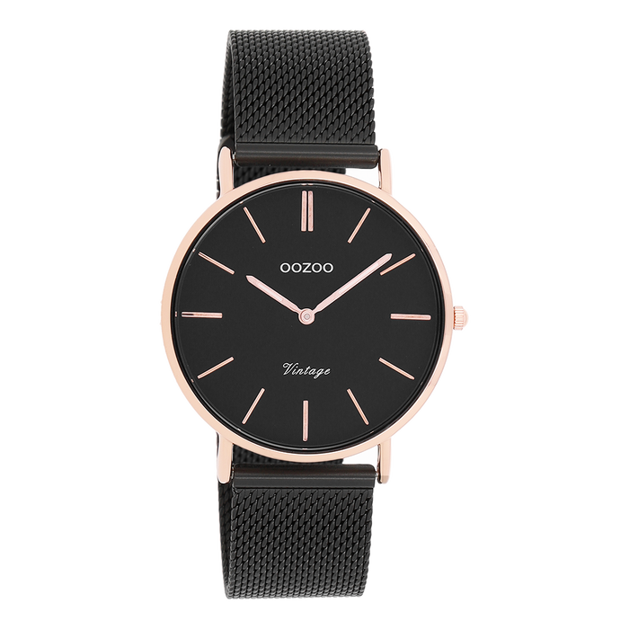 oozoo Rosé goudkleurige OOZOO horloge met zwarte metalen mesh armband - C8870