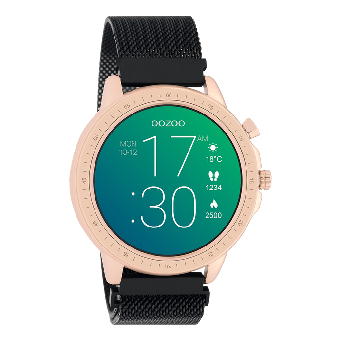 oozoo Rosé goudkleurige OOZOO smartwatch met zwarte metalen mesh armband - Q00308
