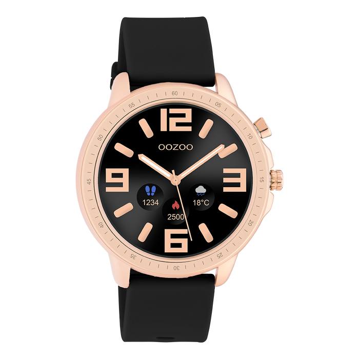 oozoo Rosé goudkleurige OOZOO smartwatch met zwarte rubber band - Q00303 oozoo Rosé goudkleurige OOZOO smartwatch met zwarte rubber band - Q00303