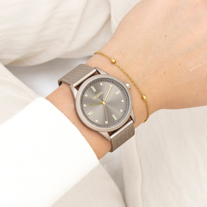 Oozoo Taupe OOZOO Horloge Met Metalen Mesh Armband - C11358