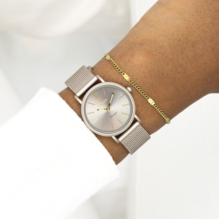 Oozoo Taupe OOZOO Horloge Met Metalen Mesh Armband - C20339