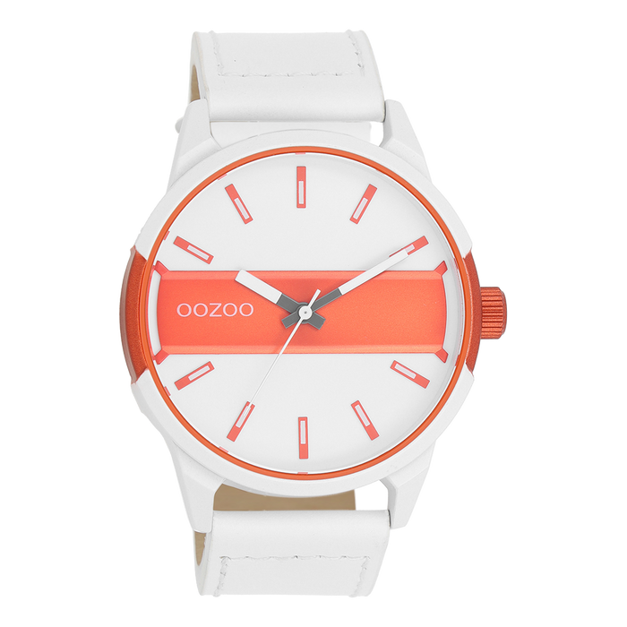 oozoo Wit/fluo oranje OOZOO horloge met witte leren band - C11316
