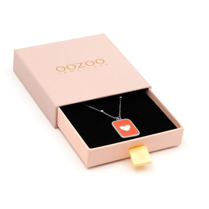 Oozoo Zilverkleurig/rode Ketting Met Een Hart Plaatje