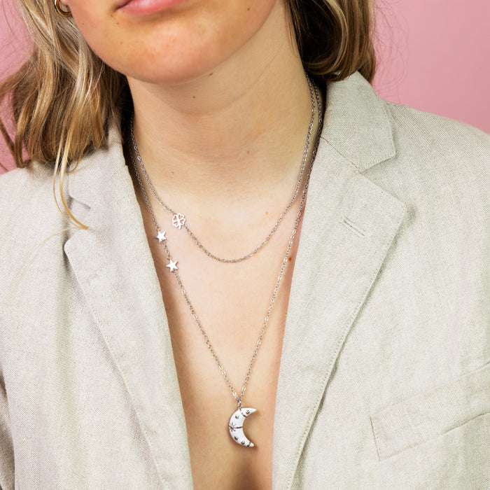 Oozoo Zilverkleurig/witte Ketting Met Een Maan Bedeltje