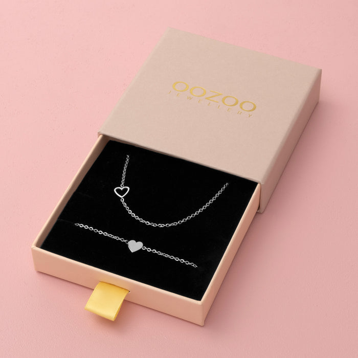 oozoo Zilverkleurige armband + ketting set met een hart