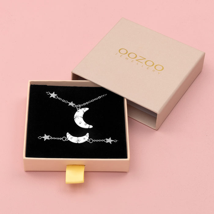 oozoo Zilverkleurige armband + ketting set met een maan bedeltje