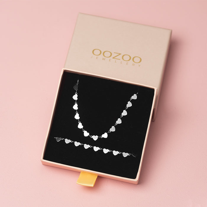 oozoo Zilverkleurige armband + ketting set met hartjes