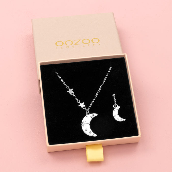 oozoo Zilverkleurige oorring + ketting set met een maan bedeltje