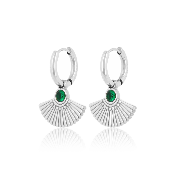 oozoo Zilverkleurige oorringen met pauw staart en groen steentje