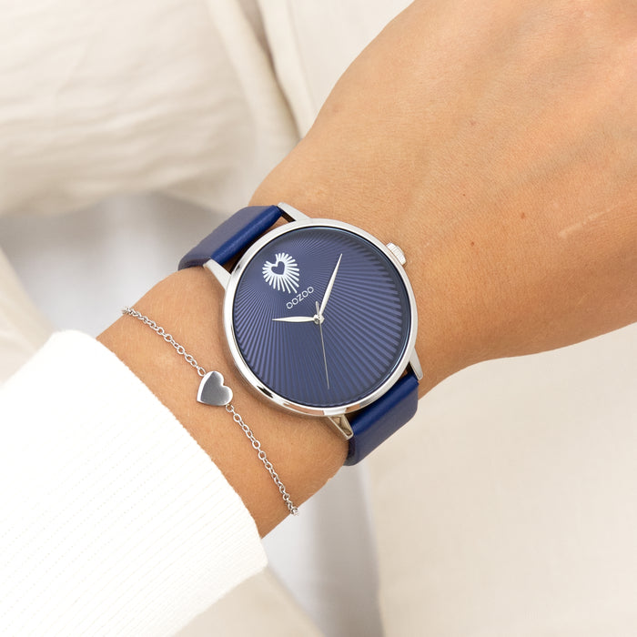 Oozoo Zilverkleurige OOZOO Horloge Met Blauwe Leren Band - C11243