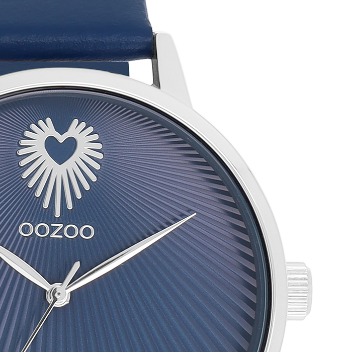 Oozoo Zilverkleurige OOZOO Horloge Met Blauwe Leren Band - C11243