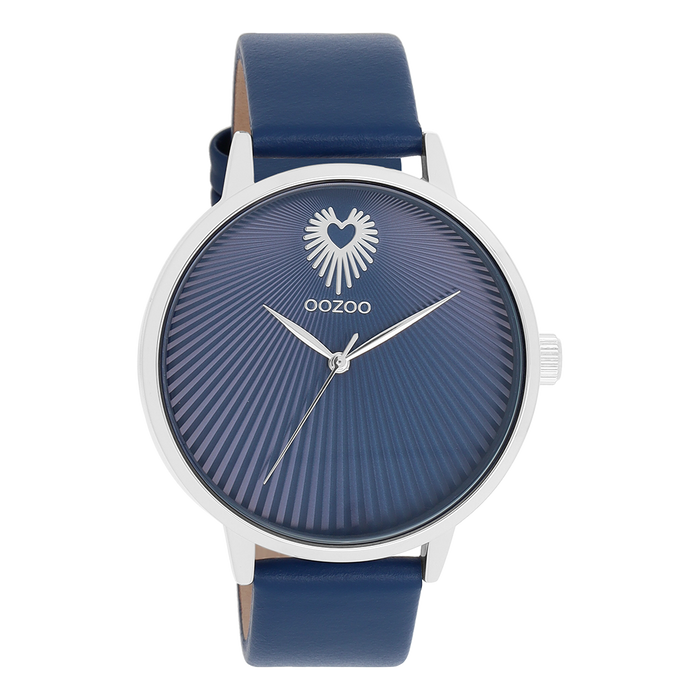 oozoo Zilverkleurige OOZOO horloge met blauwe leren band - C11243