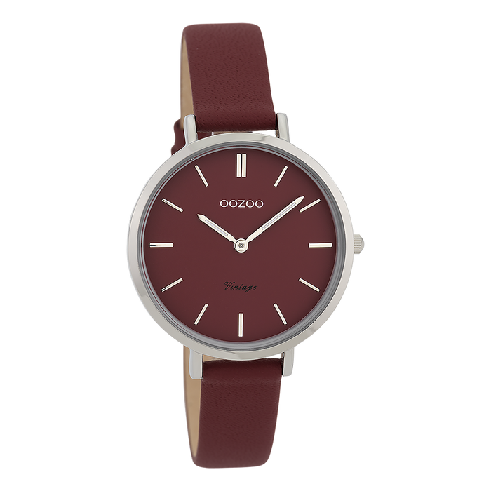 oozoo Zilverkleurige OOZOO horloge met bordeaux rode leren band - C9815