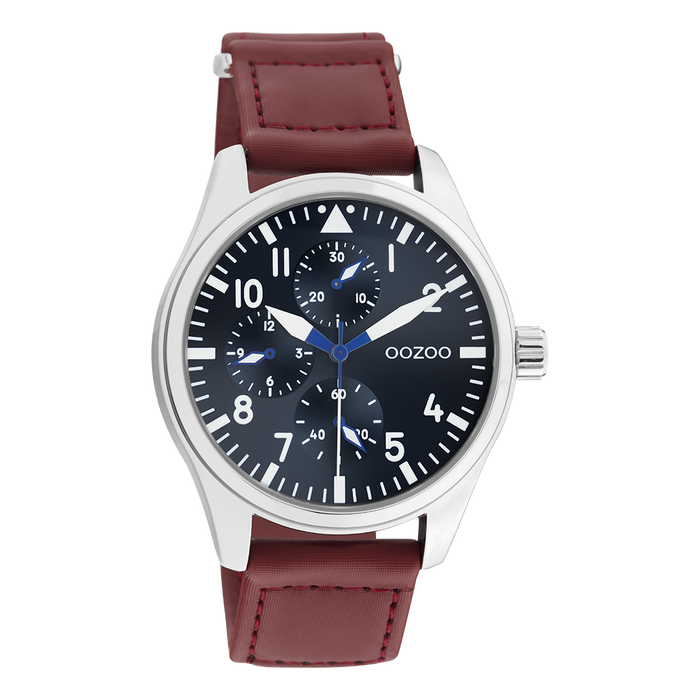 oozoo Zilverkleurige OOZOO horloge met bruine klittenband polsband - C11006