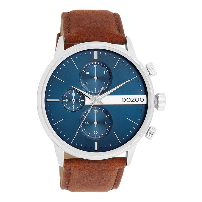 oozoo Zilverkleurige OOZOO horloge met bruine leren band - C11221