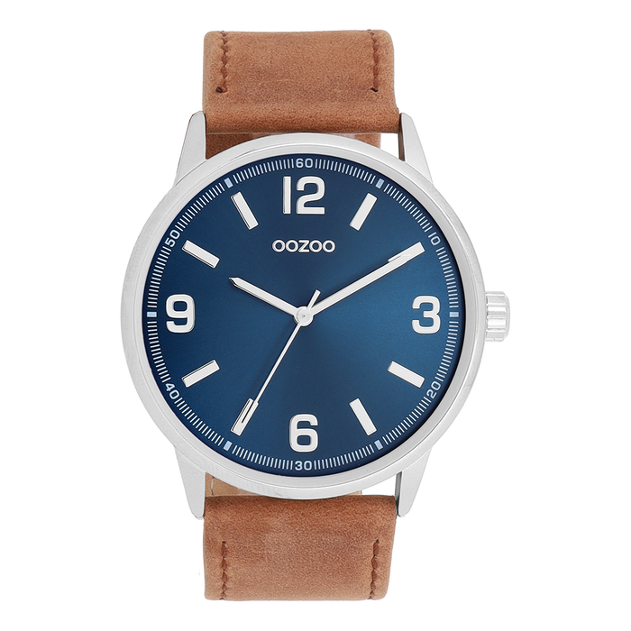 oozoo Zilverkleurige OOZOO horloge met bruine leren band - C11501
