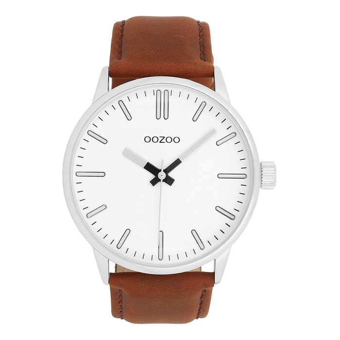oozoo Zilverkleurige OOZOO horloge met bruine leren band - C11513