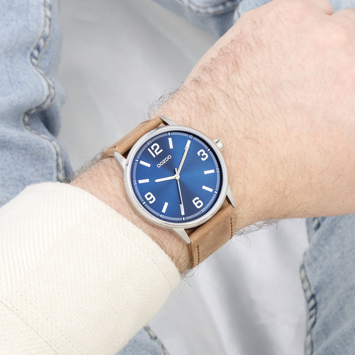 Oozoo Zilverkleurige OOZOO Horloge Met Bruine Leren Band - C11501