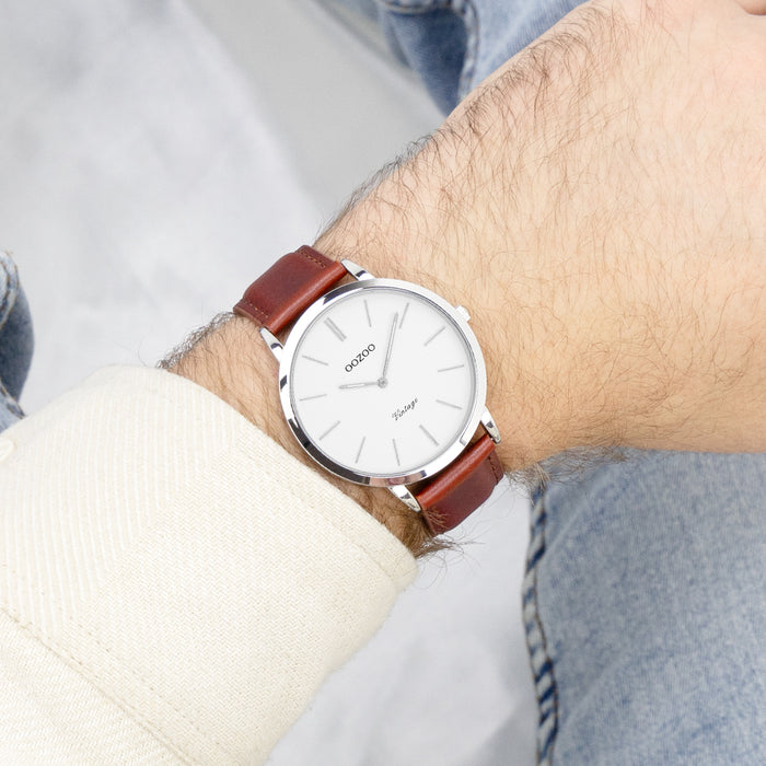 Oozoo Zilverkleurige OOZOO Horloge Met Bruine Leren Band - C20385