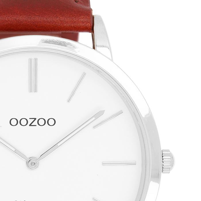 Oozoo Zilverkleurige OOZOO Horloge Met Bruine Leren Band - C20385