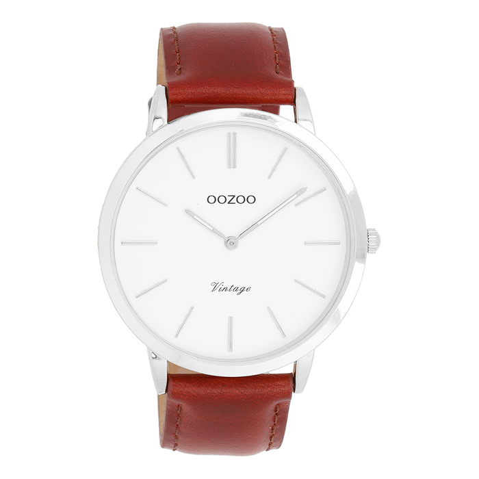 oozoo Zilverkleurige OOZOO horloge met bruine leren band - C20385