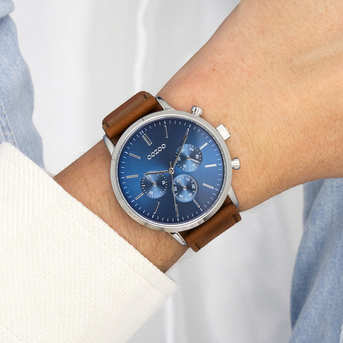 Oozoo Zilverkleurige OOZOO Horloge Met Bruine Leren Band - C11200