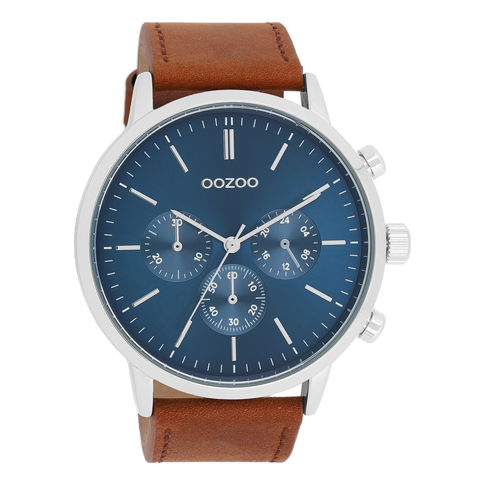 oozoo Zilverkleurige OOZOO horloge met bruine leren band - C11200
