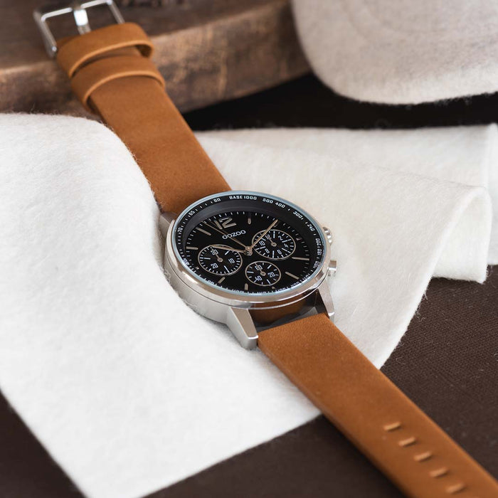 Oozoo Zilverkleurige OOZOO Horloge Met Bruine Leren Band - C10812