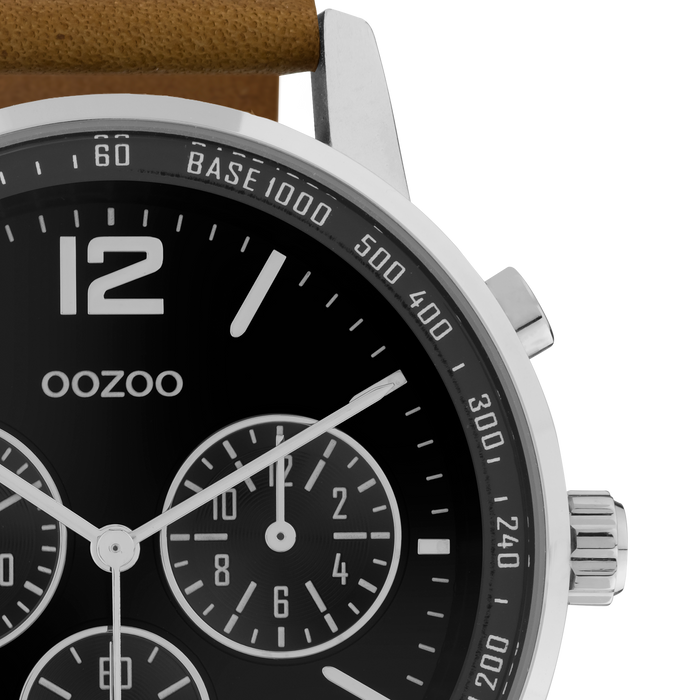 Oozoo Zilverkleurige OOZOO Horloge Met Bruine Leren Band - C10812