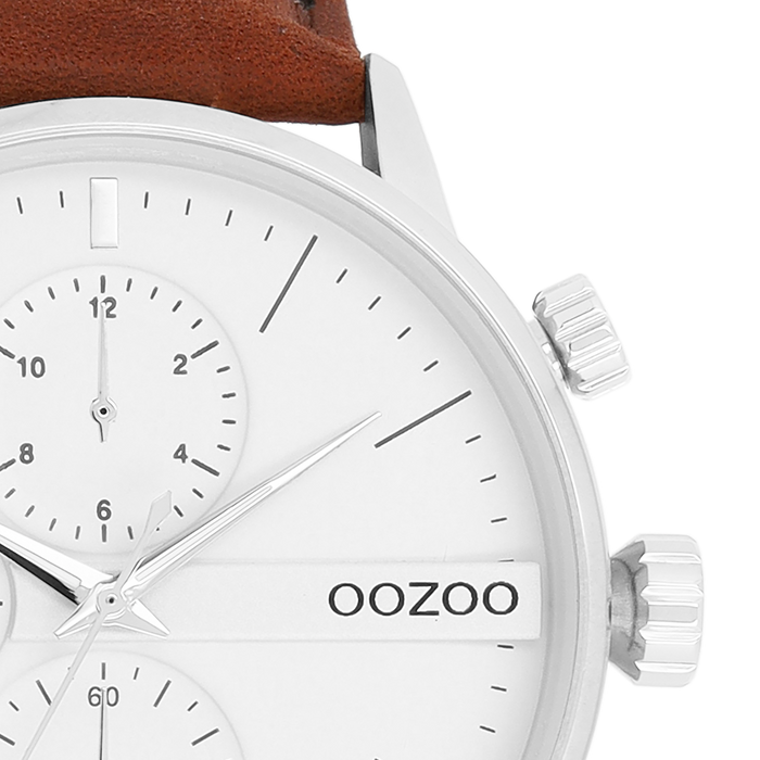 Oozoo Zilverkleurige OOZOO Horloge Met Bruine Leren Band - C11220