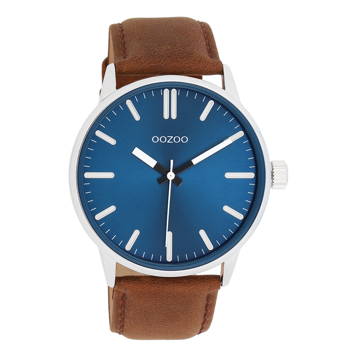 oozoo Zilverkleurige OOZOO horloge met bruine leren band - C11400