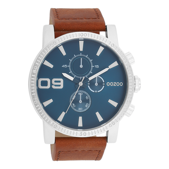 oozoo Zilverkleurige OOZOO horloge met bruine leren band - C11210 oozoo Zilverkleurige OOZOO horloge met bruine leren band - C11210