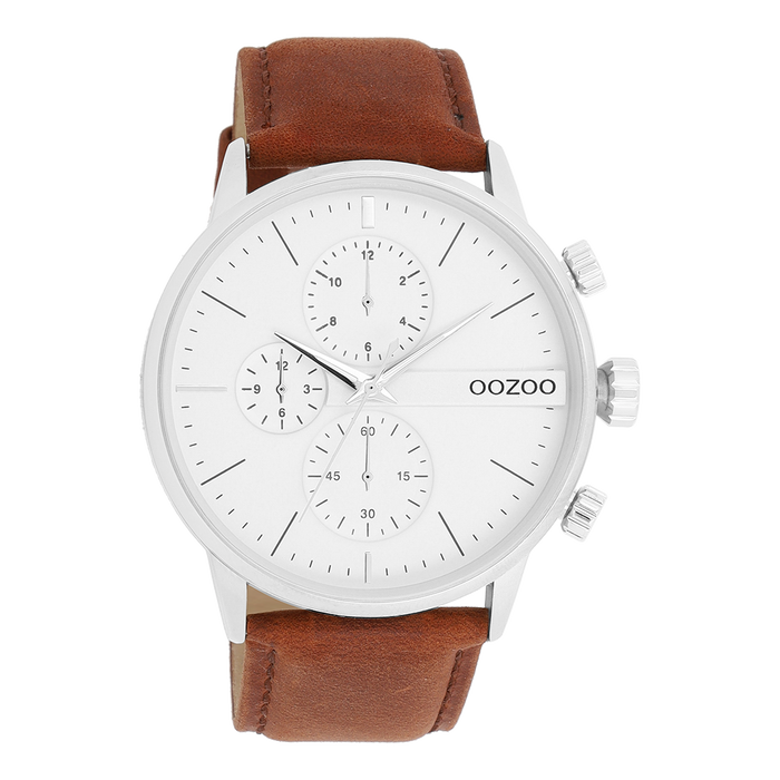 oozoo Zilverkleurige OOZOO horloge met bruine leren band - C11220 oozoo Zilverkleurige OOZOO horloge met bruine leren band - C11220