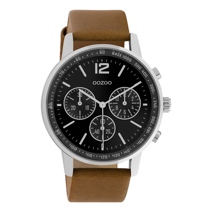 oozoo Zilverkleurige OOZOO horloge met bruine leren band - C10812