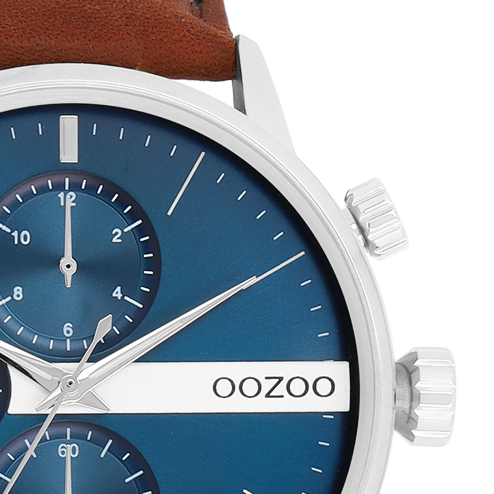 Oozoo Zilverkleurige OOZOO Horloge Met Bruine Leren Band - C11221