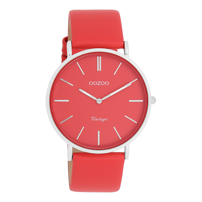 oozoo Zilverkleurige OOZOO horloge met chili peper rode leren band - C20324