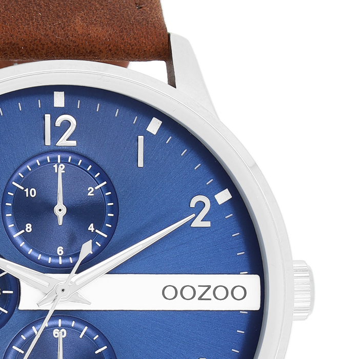Oozoo Zilverkleurige OOZOO Horloge Met Cognac Leren Band - C11306
