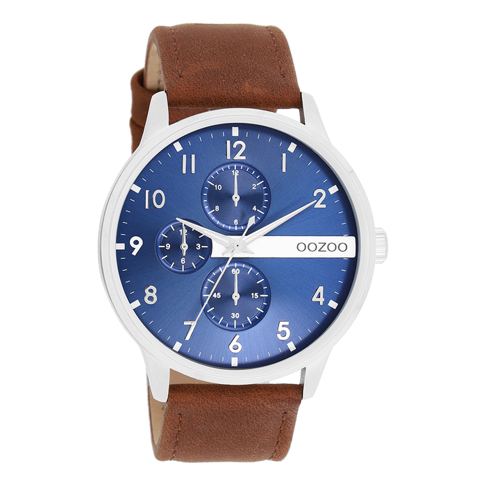 oozoo Zilverkleurige OOZOO horloge met cognac leren band - C11306