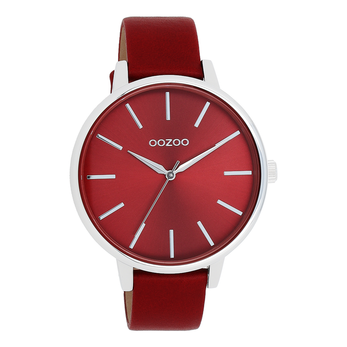 oozoo Zilverkleurige OOZOO horloge met dahlia rood leren band - C11299