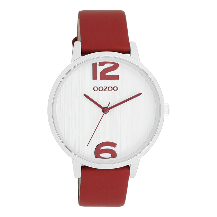 oozoo Zilverkleurige OOZOO horloge met dahlia rood leren band - C11237