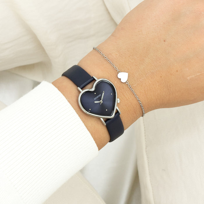 Oozoo Zilverkleurige OOZOO Horloge Met Donker Blauwe Leren Band - C11449