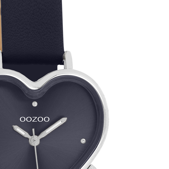 Oozoo Zilverkleurige OOZOO Horloge Met Donker Blauwe Leren Band - C11449