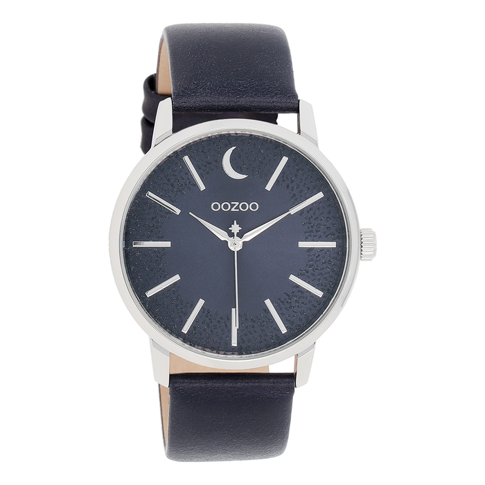 oozoo Zilverkleurige OOZOO horloge met donker blauwe leren band - C11043