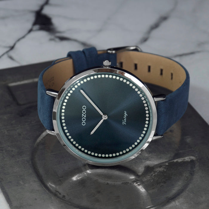 Oozoo Zilverkleurige OOZOO Horloge Met Donker Blauwe Leren Band - C9852