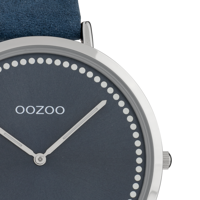 Oozoo Zilverkleurige OOZOO Horloge Met Donker Blauwe Leren Band - C9852