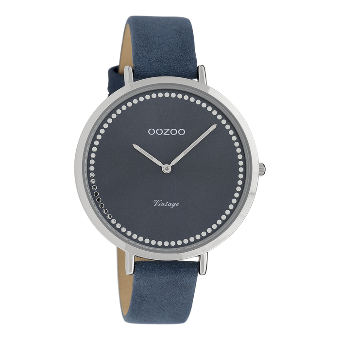 oozoo Zilverkleurige OOZOO horloge met donker blauwe leren band - C9852