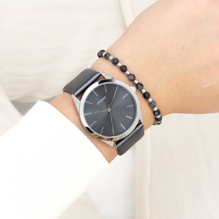 Oozoo Zilverkleurige OOZOO Horloge Met Donker Grijze Leren Band - C11338