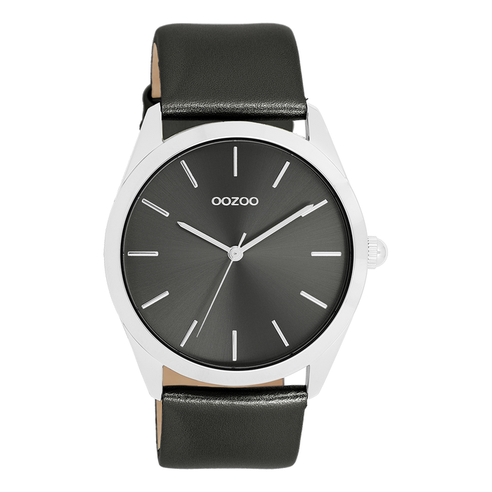 oozoo Zilverkleurige OOZOO horloge met donker grijze leren band - C11338