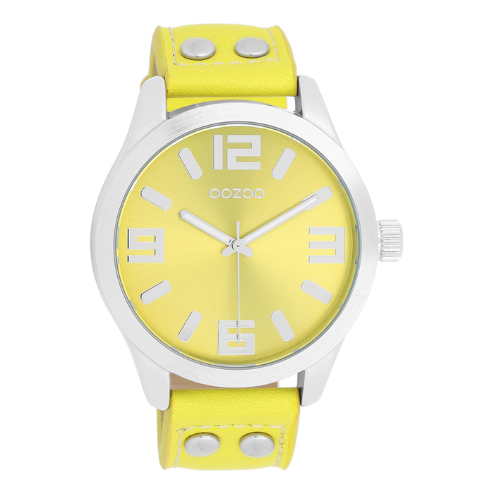 oozoo Zilverkleurige OOZOO horloge met fluo gele leren band - C1071