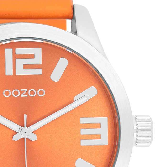 Oozoo Zilverkleurige OOZOO Horloge Met Fluo Oranje Leren Band - C1072